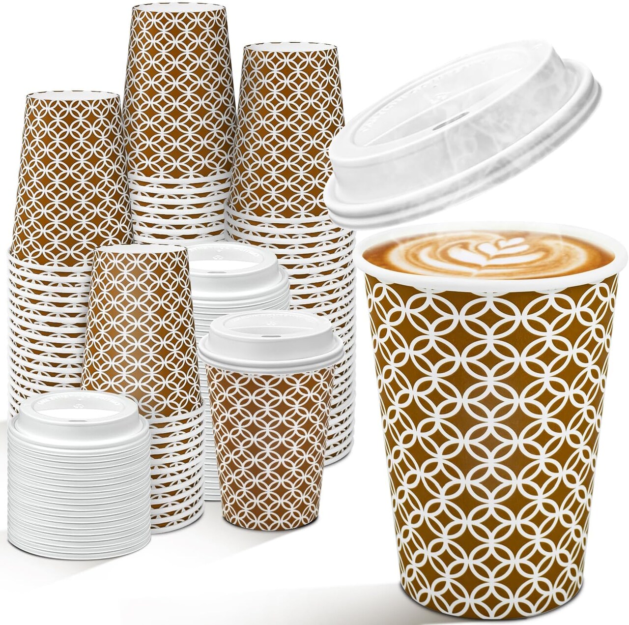 100 Pack Disposable Coffee Cups with Lids 12 oz, Minimalist Pattern To Go Paper Coffee Cups, Hot Chocolate CoCoa Cups Suitable for Travel, Party, Shops Cafes and Daily use